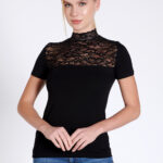 Bluză pe gât cu dantelă cu mânecă scurtă - Belinay 1068 - negru