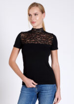 Bluză pe gât cu dantelă cu mânecă scurtă - Belinay 1068 - negru - imagine 2