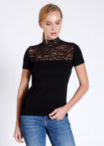 Bluză pe gât cu dantelă cu mânecă scurtă - Belinay 1068 - negru - imagine 3