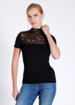 Bluză pe gât cu dantelă cu mânecă scurtă - Belinay 1068 - negru - imagine 4