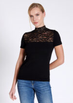 Bluză pe gât cu dantelă cu mânecă scurtă - Belinay 1068 - negru - imagine 5