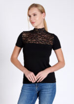 Bluză pe gât cu dantelă cu mânecă scurtă - Belinay 1068 - negru - imagine 6
