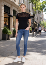 Bluză damă pe gât cu dantelă și mânecă scurtă - Belinay 1068 - Negru - imagine 5