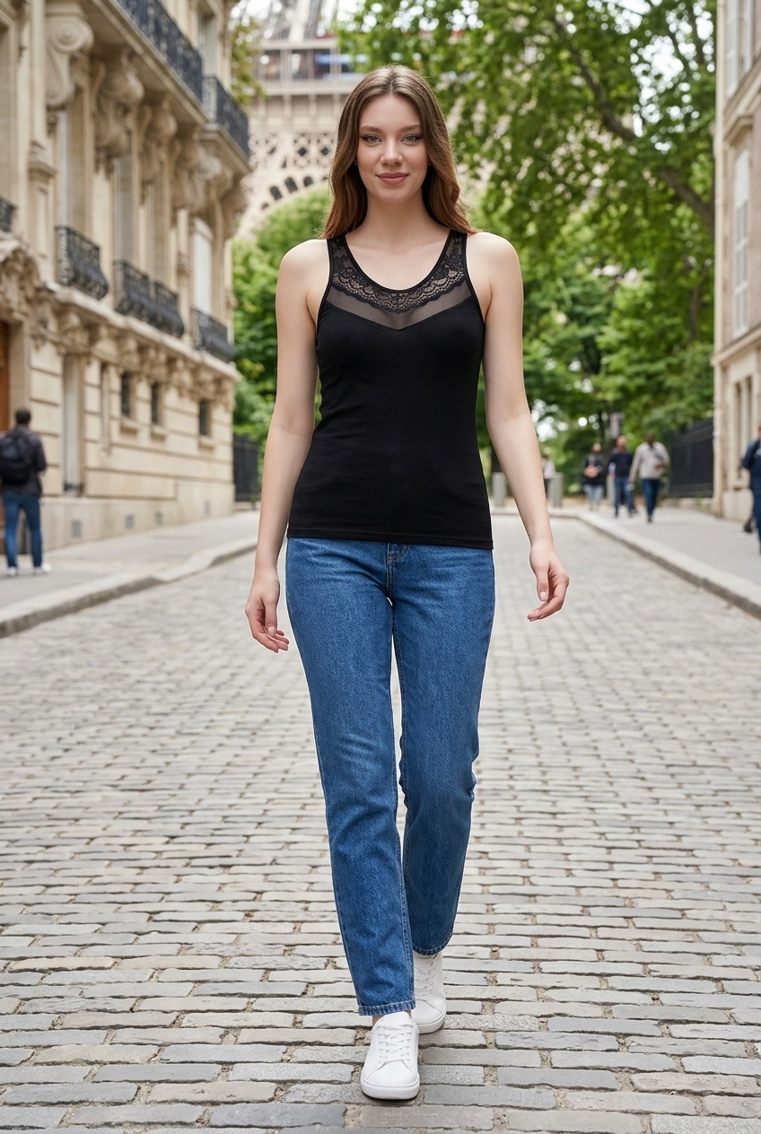 Maiou cu dantelă - Belinay 0763 - negru - imagine 6