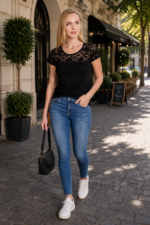 Bluză cu dantelă cu mânecă scurtă - Belinay 1083 - negru - imagine 4