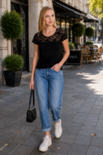 Bluză cu dantelă cu mânecă scurtă - Belinay 1083 - negru - imagine 7
