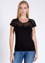 Bluză cu dantelă cu mânecă scurtă - Belinay 1083 - negru - imagine 2