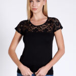 Bluză cu dantelă cu mânecă scurtă - Belinay 1083 - negru