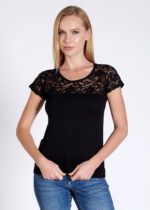 Bluză cu dantelă cu mânecă scurtă - Belinay 1083 - negru