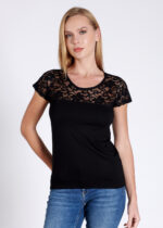 Bluză cu dantelă cu mânecă scurtă - Belinay 1083 - negru - imagine 3