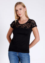 Bluză cu dantelă cu mânecă scurtă - Belinay 1083 - negru - imagine 4