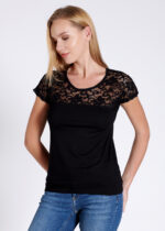 Bluză cu dantelă cu mânecă scurtă - Belinay 1083 - negru - imagine 5