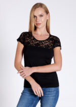 Bluză cu dantelă cu mânecă scurtă - Belinay 1083 - negru - imagine 7