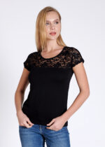 Bluză cu dantelă cu mânecă scurtă - Belinay 1083 - negru - imagine 8